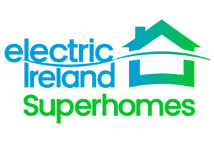 A photo of the Electric Ireland Superhomes logo, a green and blue house on the right with a curved line through it.