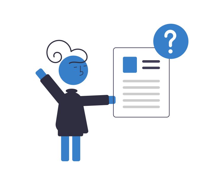 Drawing of a blue person pointing at a lined sheet of paper with a white question mark in a blue circle,